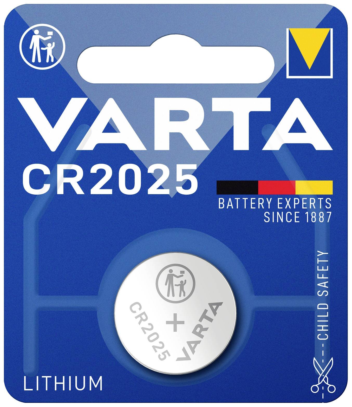 Verpackung einer VARTA CR2025 Lithium-Batterie mit kindersicherem Verschluss. Enthält Informationen zu Kapazität und Sicherheit.