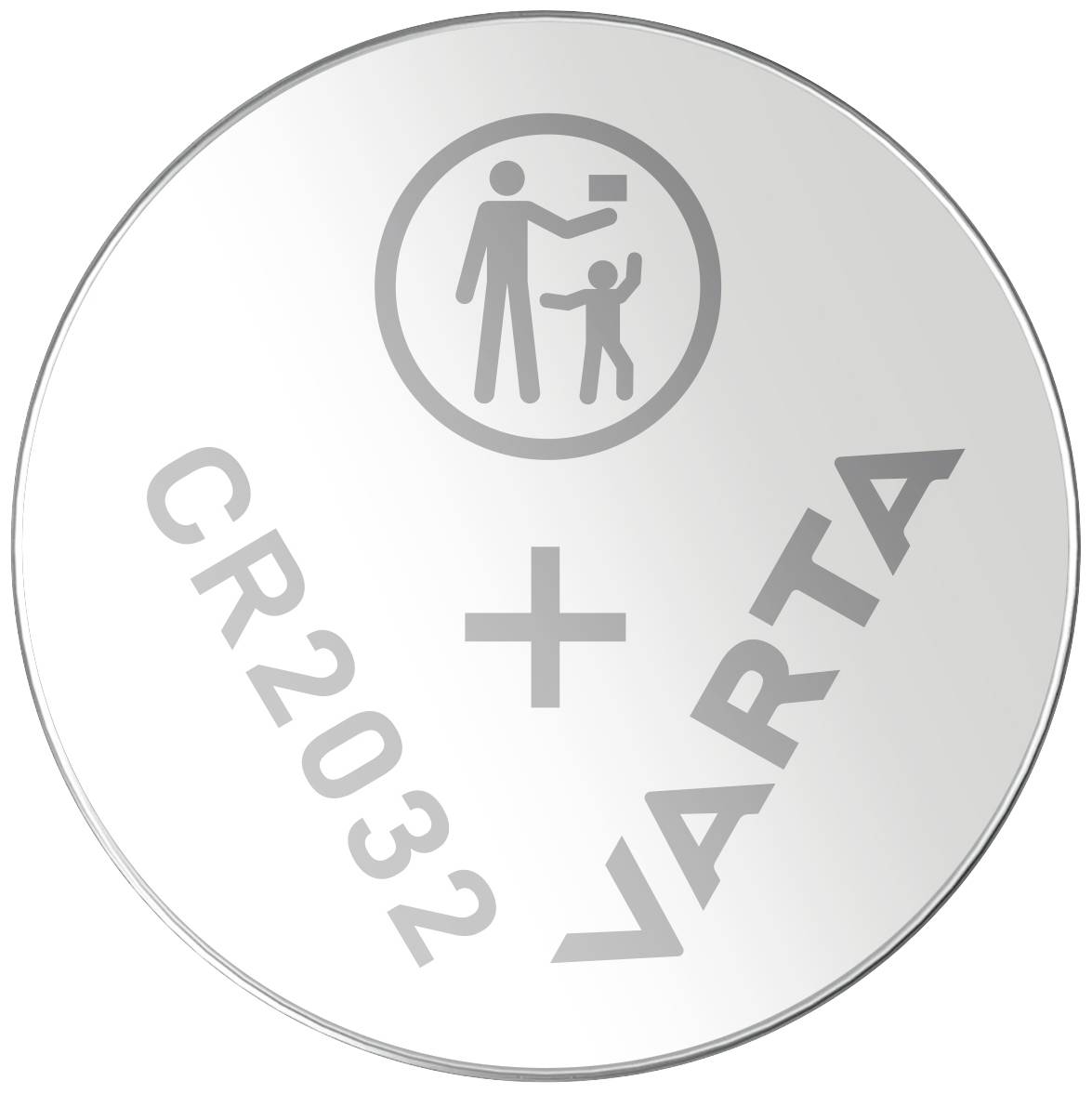 Silberne Knopfzellen-Batterie mit Aufschrift 'CR2032', '+' und 'VARTA'. Oben ein Symbol, das den sicheren Umgang zeigt.