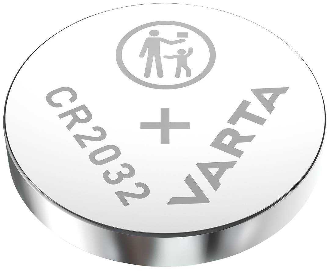 Runde Knopfzelle mit der Aufschrift 'CR2032' und 'VARTA'. Oben ist ein Symbol, das einen Erwachsenen und ein Kind zeigt.