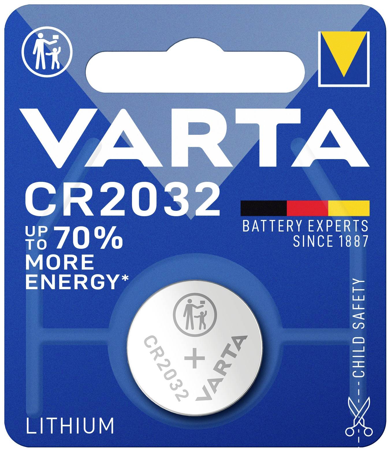 Blisterverpackung mit einer Lithium-Knopfzelle der Marke Varta, Typ CR2032. Text: 'Up to 70% more energy', 'Child safety'.