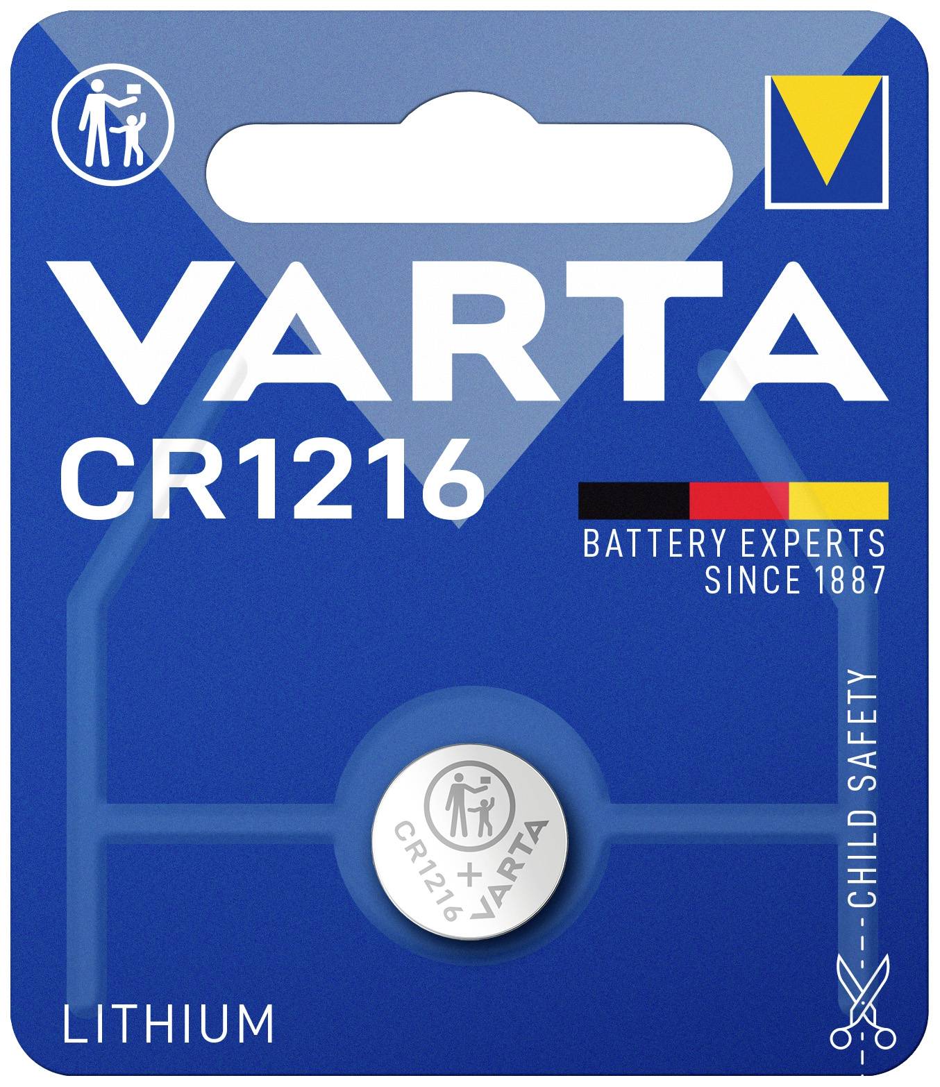 VARTA CR1216 Batterieverpackung; Lithium-Knopfzelle. Kindersicher. Markenlogo und 'BATTERY EXPERTS SINCE 1887' auf blauem Hintergrund.