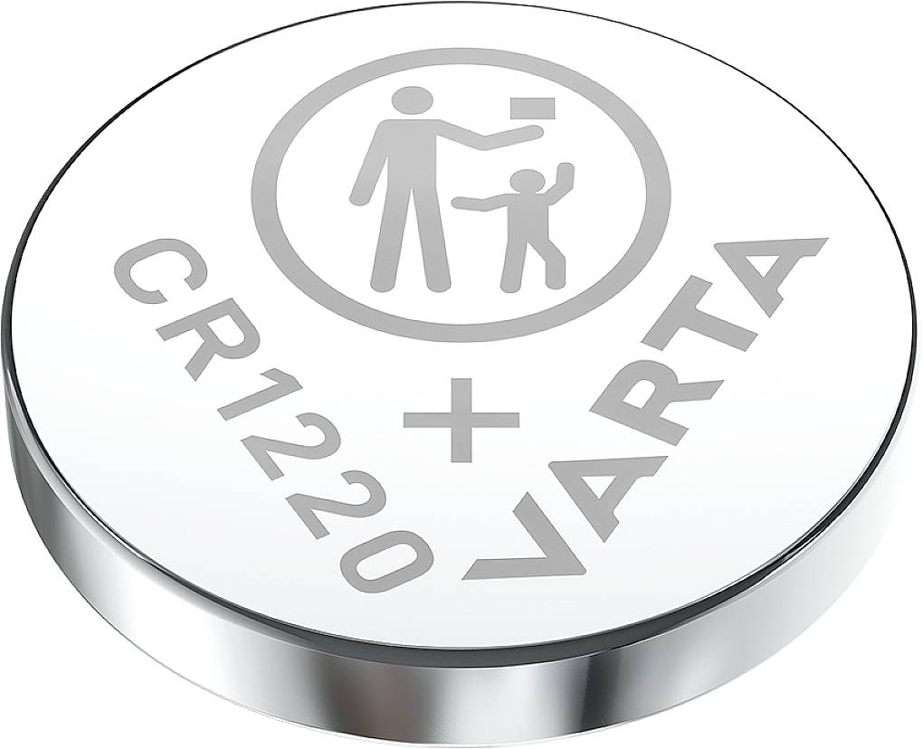 Runde Knopfzellenbatterie mit Aufschrift 'CR1220 + VARTA'. Piktogramm mit einer Person und einem Kind, das eine Batterie darstellt.