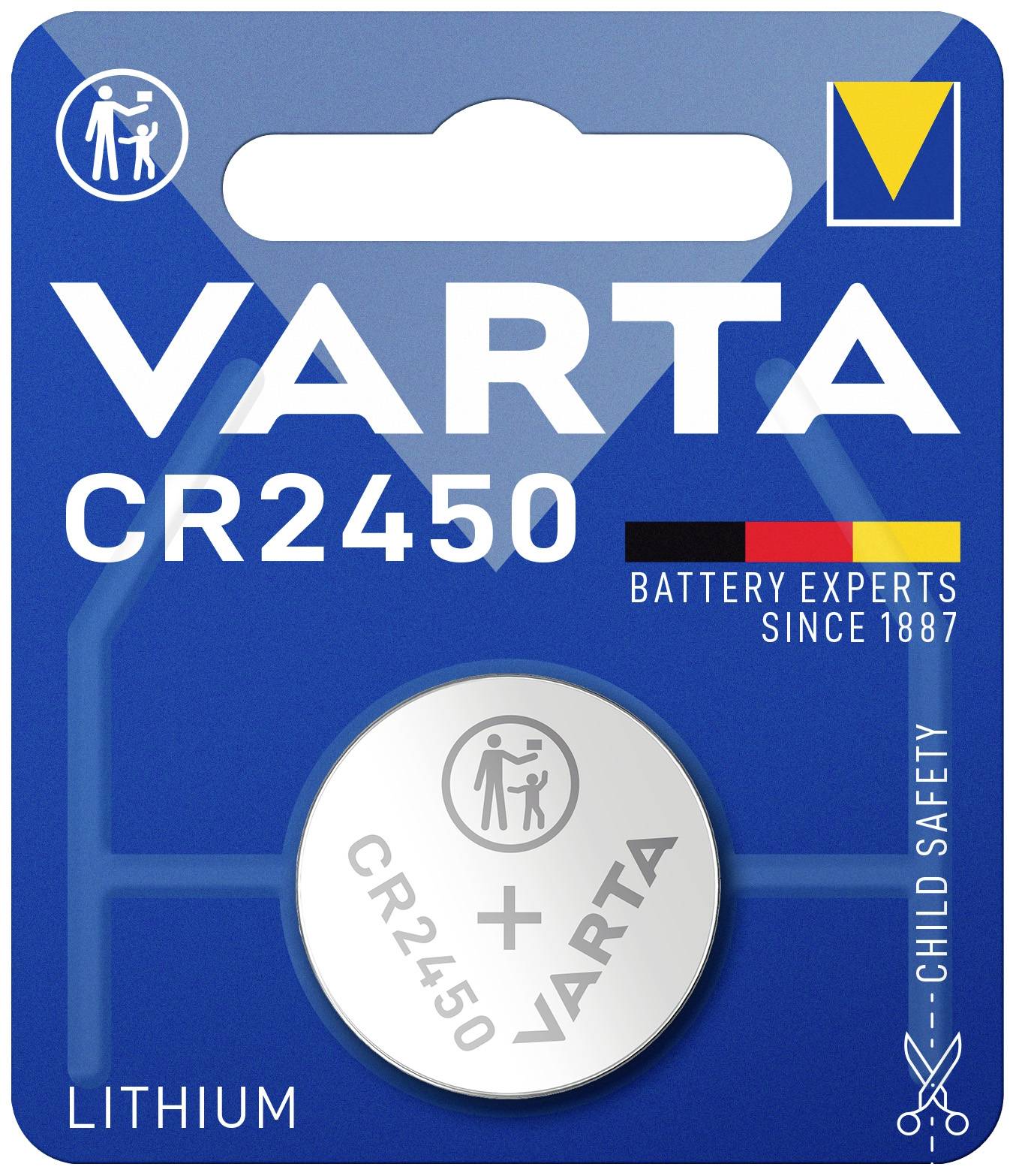 'Varta CR2450 Lithium-Batterie' Verpackung. Rund, silber, mit Kindersicherheitsinformation. Hinweis: 'Battery Experts Since 1887'.