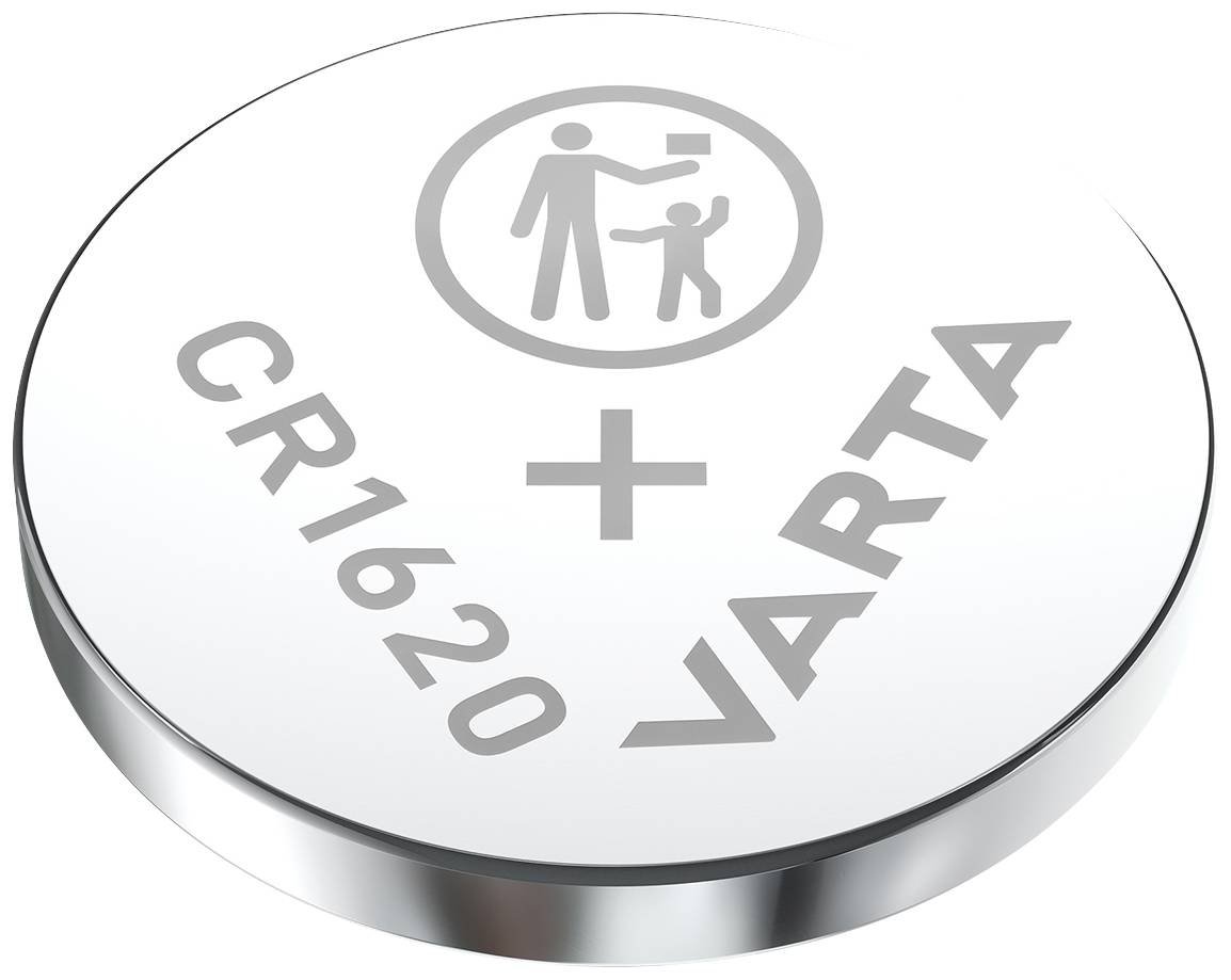 'CR1620'-Knopfzelle von VARTA, silbernes rundes Design mit Symbol, das Warnung vor Verschlucken durch Kinder anzeigt.