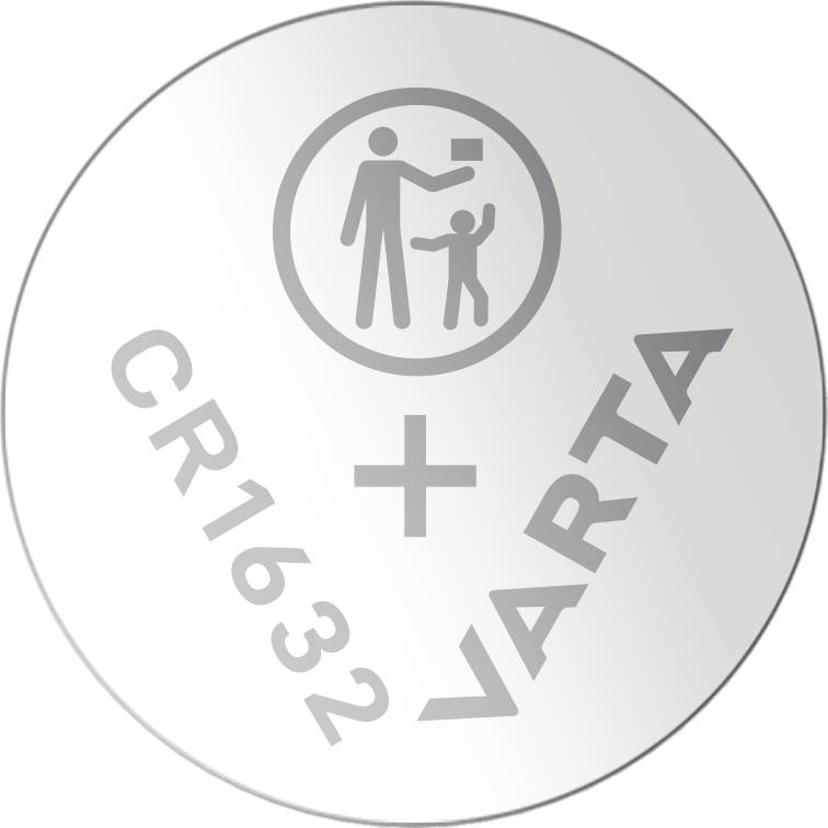 Kreisförmige Knopfzelle mit Aufschrift 'CR1632 + VARTA'. Oben Piktogramm eines Erwachsenen und Kindes mit erhobenem Zeigefinger.