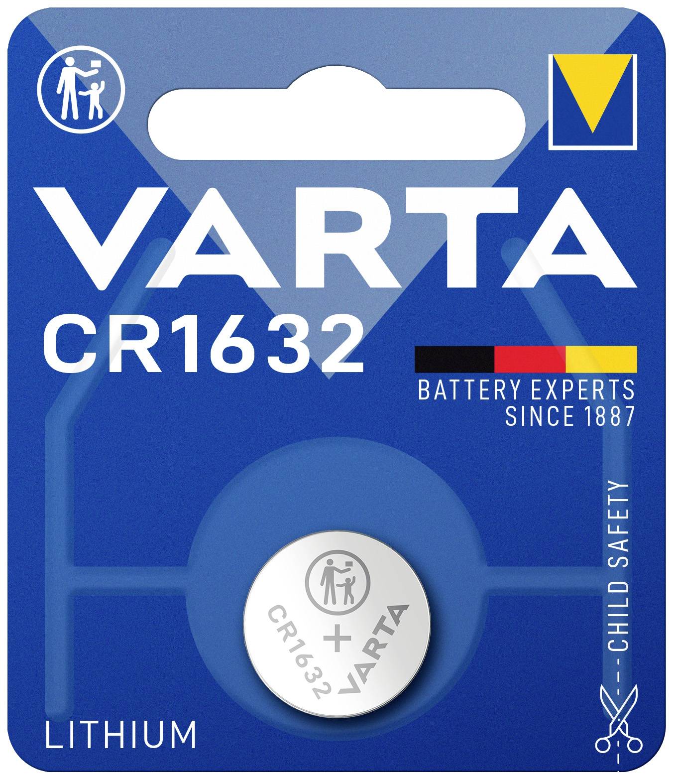Batterieverpackung 'VARTA CR1632' mit Kindersicherungshinweis. Lithium-Knopfzelle, Expertise seit 1887. Verpackung in Blau.