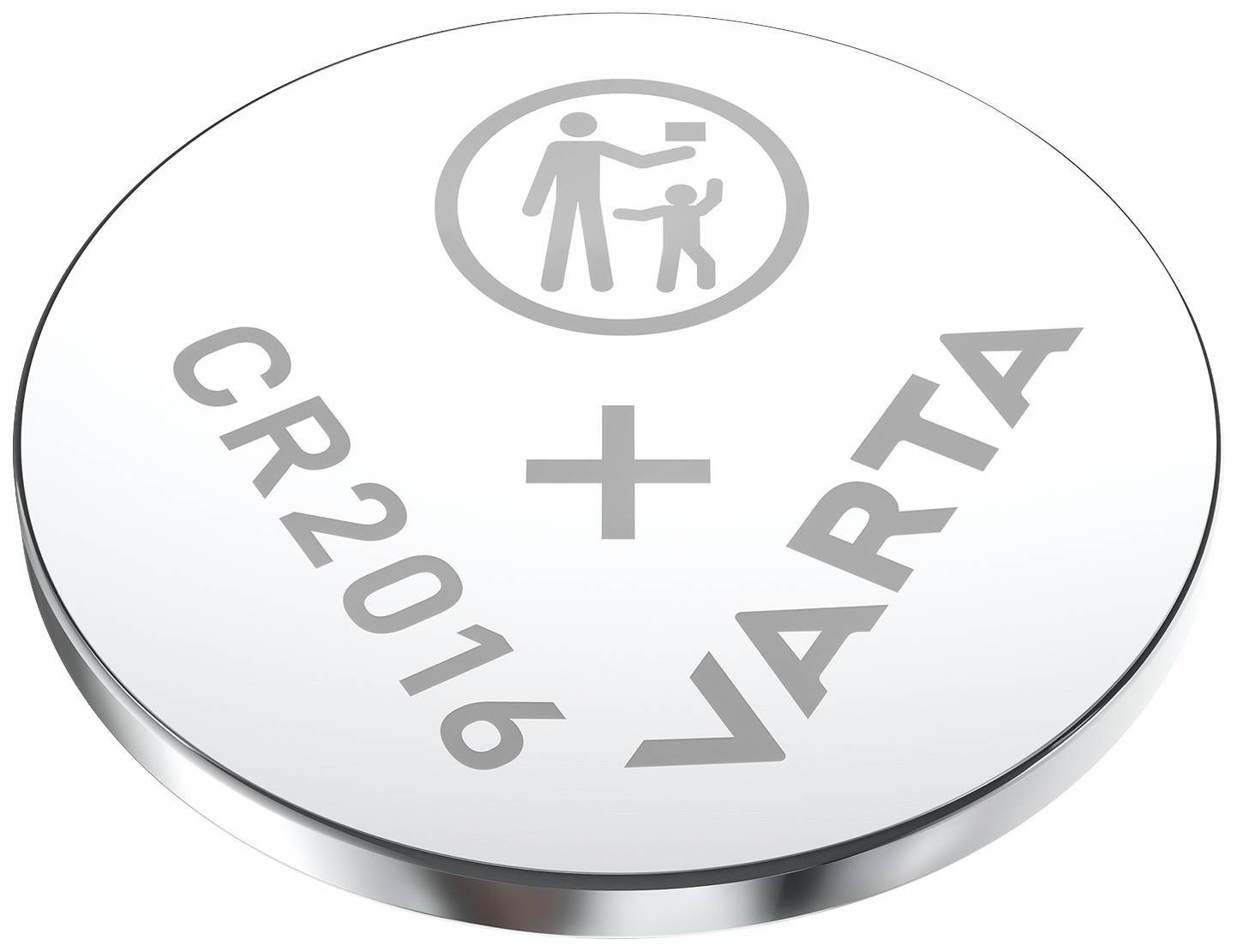 Silberne Knopfzelle der Marke VARTA vom Typ CR2016. Darauf sind das Batteriesymbol und ein Warnhinweis in Form eines abgebildeten durchgestrichenen Mülltonnensymbols.