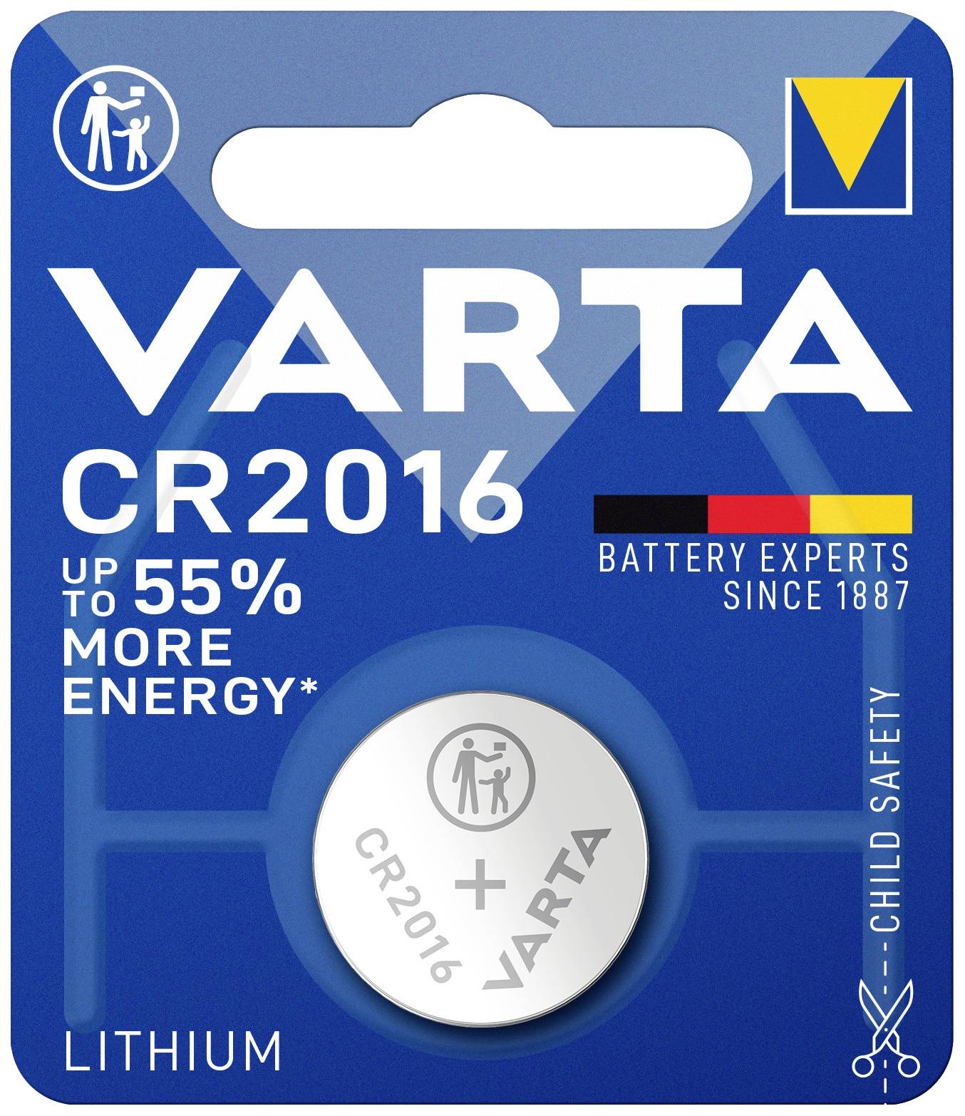 VARTA CR2016 Lithium-Batterie in Verpackung, bietet bis zu 55 % mehr Energie.