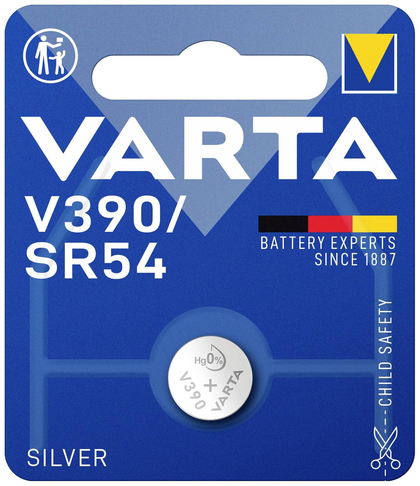 Batterieverpackung der Marke Varta, Typ V390/SR54, mit silberner Knopfzelle. Hinweis auf Kindersicherheit und Expertise seit 1887.