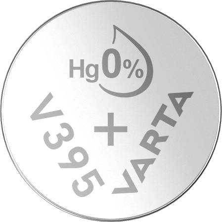 Silberne Knopfzellenbatterie mit Aufschrift 'Hg 0%', 'VARTA', 'V395' und '+'. Indikator für quecksilberfreie Batterie.