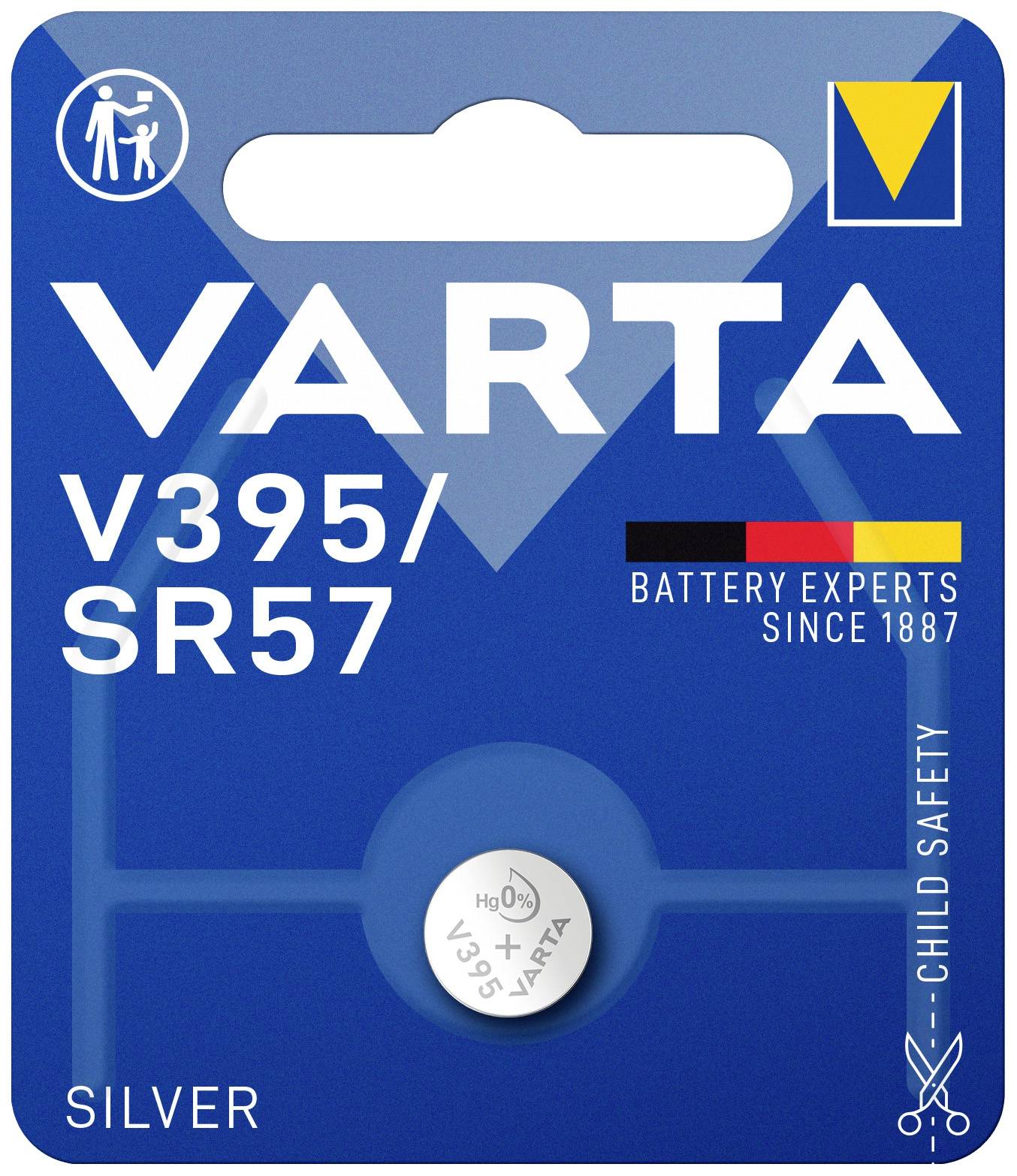 Blisterverpackung für VARTA-Batterie, Modell V395/SR57. Text: 'Battery Experts seit 1887', 'Child Safety', 'Silver'.