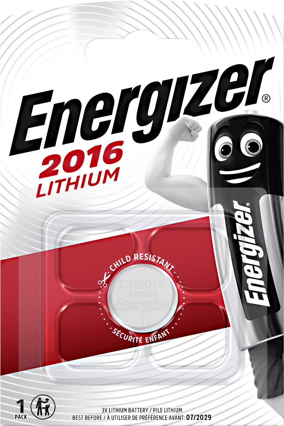 Energizer Knopfzellenbatterie 2016 Lithium, kindersicheres Design, 3 Volt, Haltbarkeit bis 07/2029, 1 Stück.