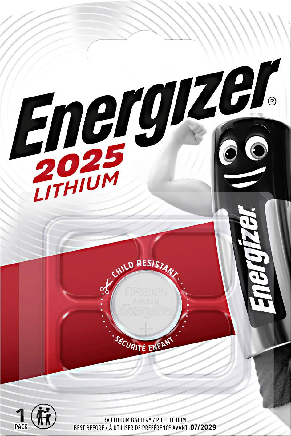 Energizer 2025 Lithium-Knopfzelle in kindersicherer Verpackung. Geeignet für Geräte mit 3V-Batterien. Mindestens haltbar bis 07/2029.