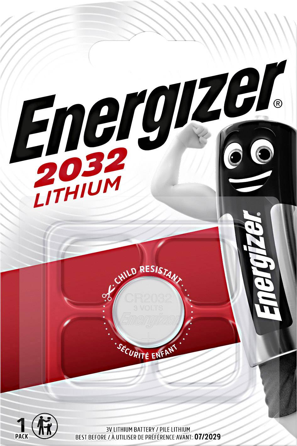 Batterieverpackung von 'Energizer 2032 Lithium', zeigt eine Silberbatterie in roter Verpackung, mit Text 'Child Resistant'.