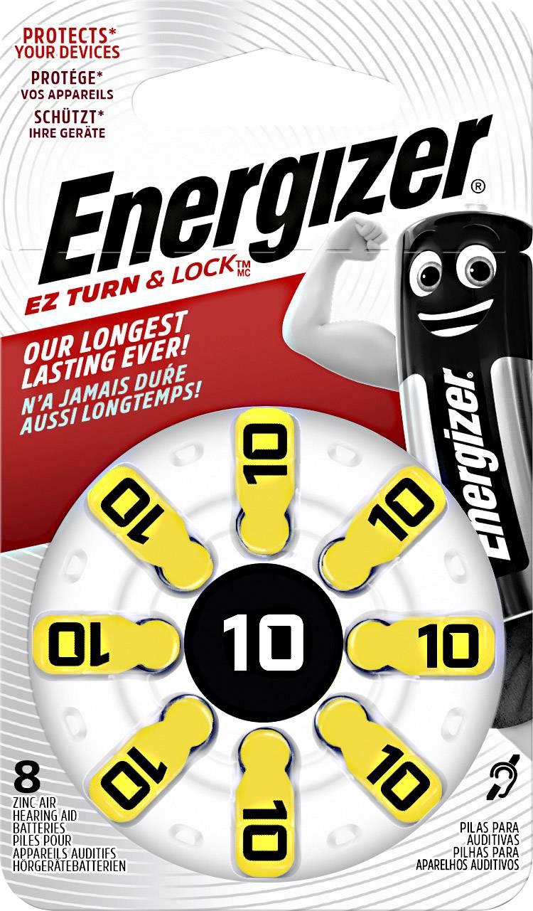 Energizer Batteriepackung mit 'EZ Turn & Lock'-Design für einfache Handhabung. Text: 'Unser langlebigstes Produkt.' Enthält 8 Batterien.