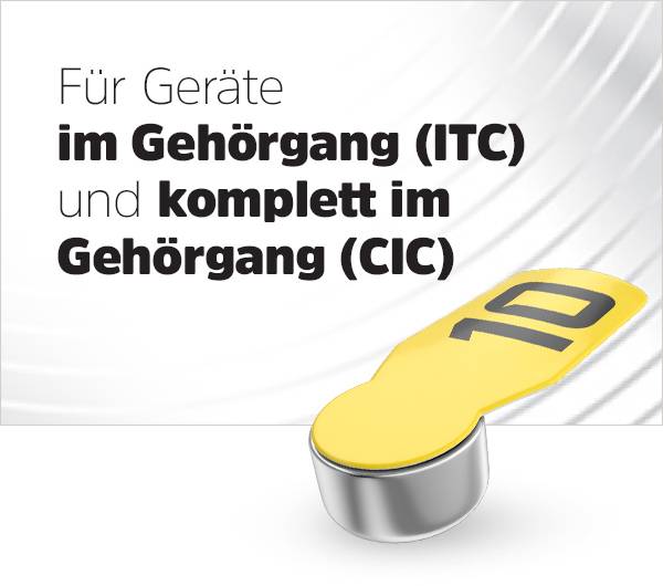 'Für Geräte im Gehörgang (ITC) und komplett im Gehörgang (CIC)' steht neben einem gelben, wurmförmigen Objekt.