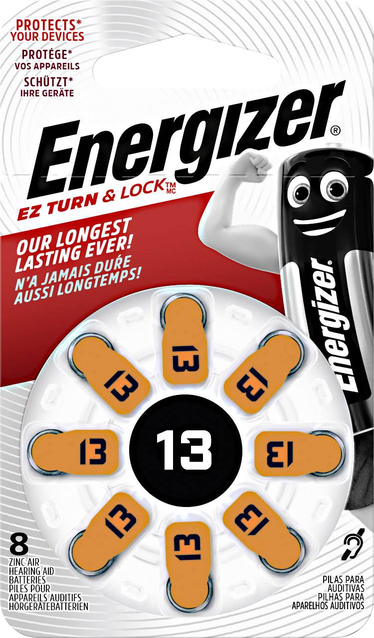 'Batterieverpackung von Energizer. Enthält acht Hörgerätebatterien mit der Größe 13. Aufdruck: 'Schützt Ihre Geräte'.'