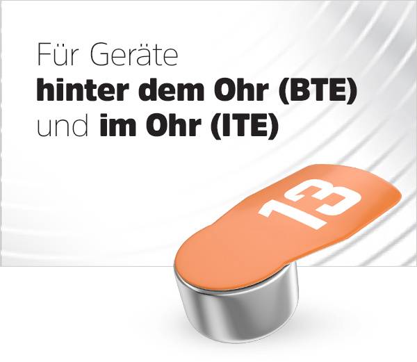 'Für Geräte hinter dem Ohr (BTE) und im Ohr (ITE)' zeigt ein orangefarbenes Hörgerätebatterie-Symbol mit der Zahl 13.