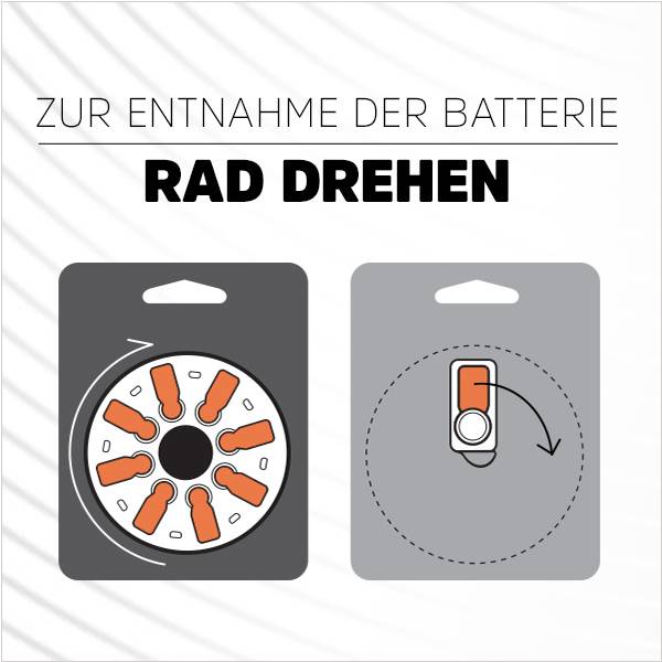 'Zur Entnahme der Batterie Rad drehen.' Zwei Karten: Links zeigt ein Rad mit Batterien; rechts zeigt eine Batterie mit einem Pfeil.