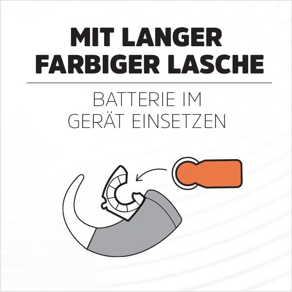 'Mit langer farbiger Lasche – Batterie im Gerät einsetzen': Illustration zeigt Einsetzen einer Batterie mit einer roten Lasche in ein Gerät.