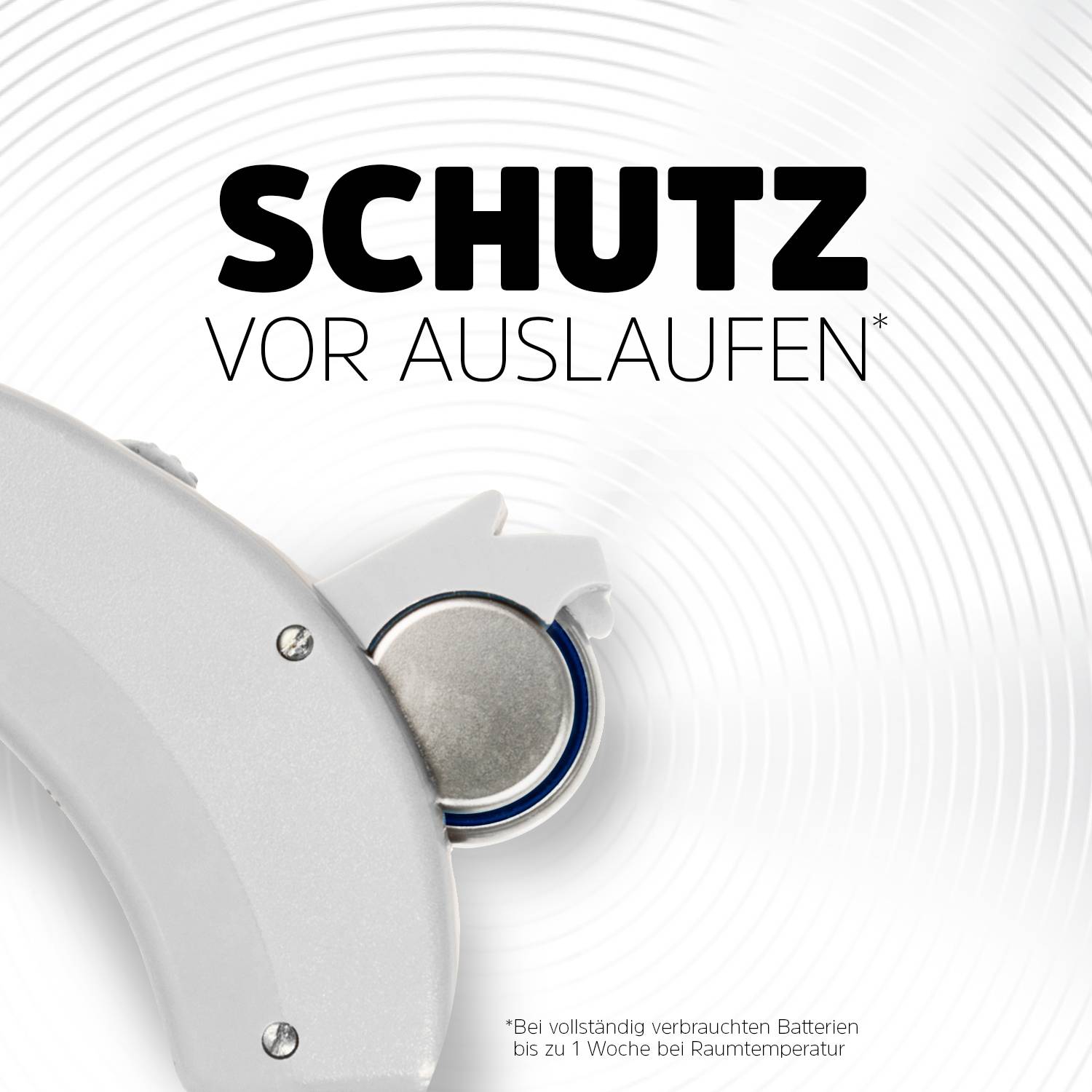 'Schutz vor Auslaufen' zeigt eine verschlossene graue Batteriehalterung auf weißem Hintergrund, betont Batterien als sicher.