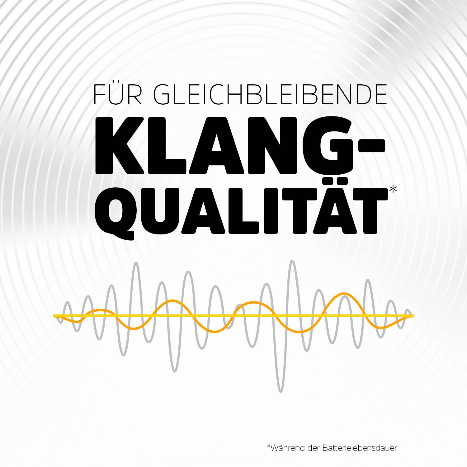 'Für gleichbleibende Klangqualität‘ steht im Bild, darunter eine orangefarbene Wellenlinie über grauen Wellenlinien.