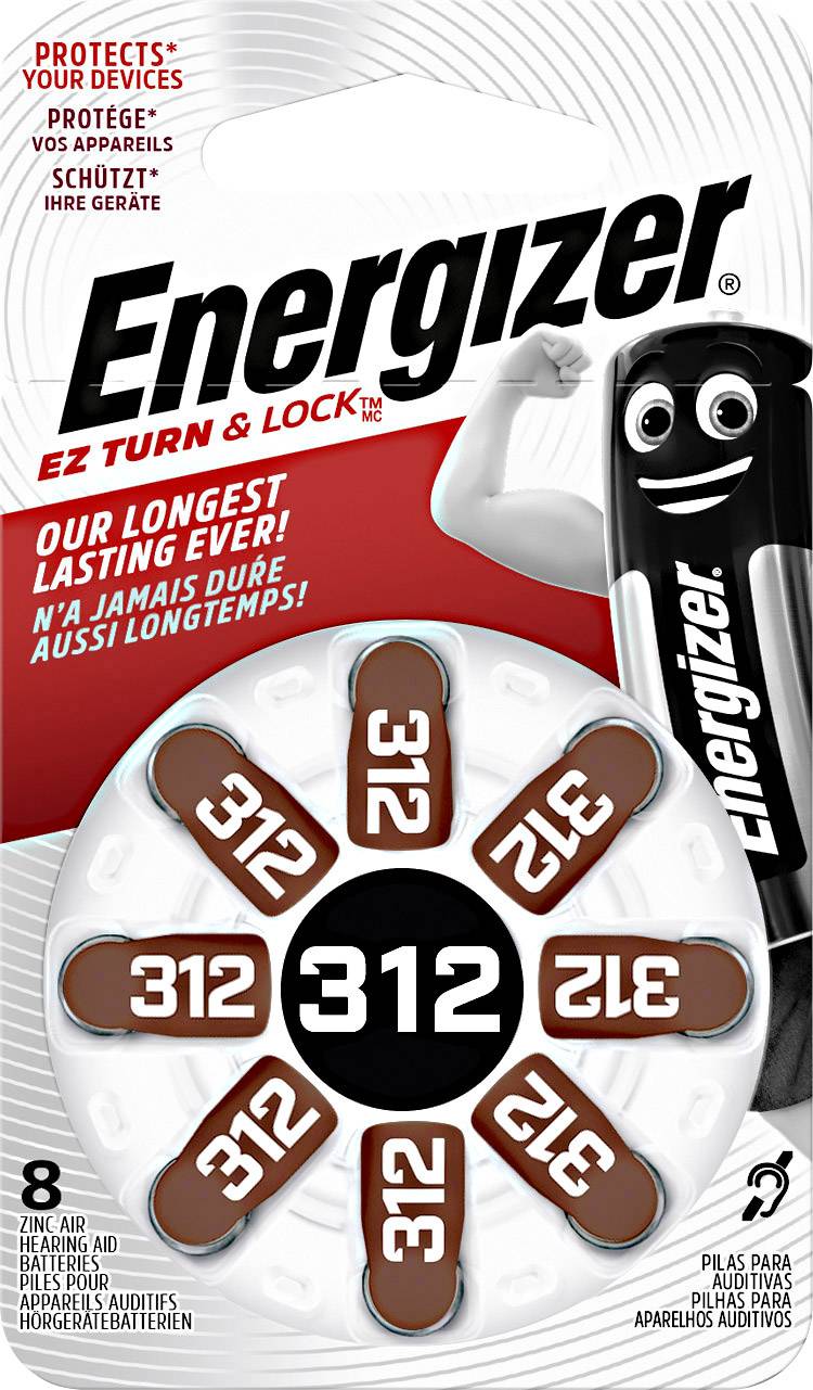 Verpackung von Energizer-Hörgerätebatterien. Enthält 8 Batterien der Größe 312, EZ Turn & Lock Design, Schutz Ihrer Geräte.