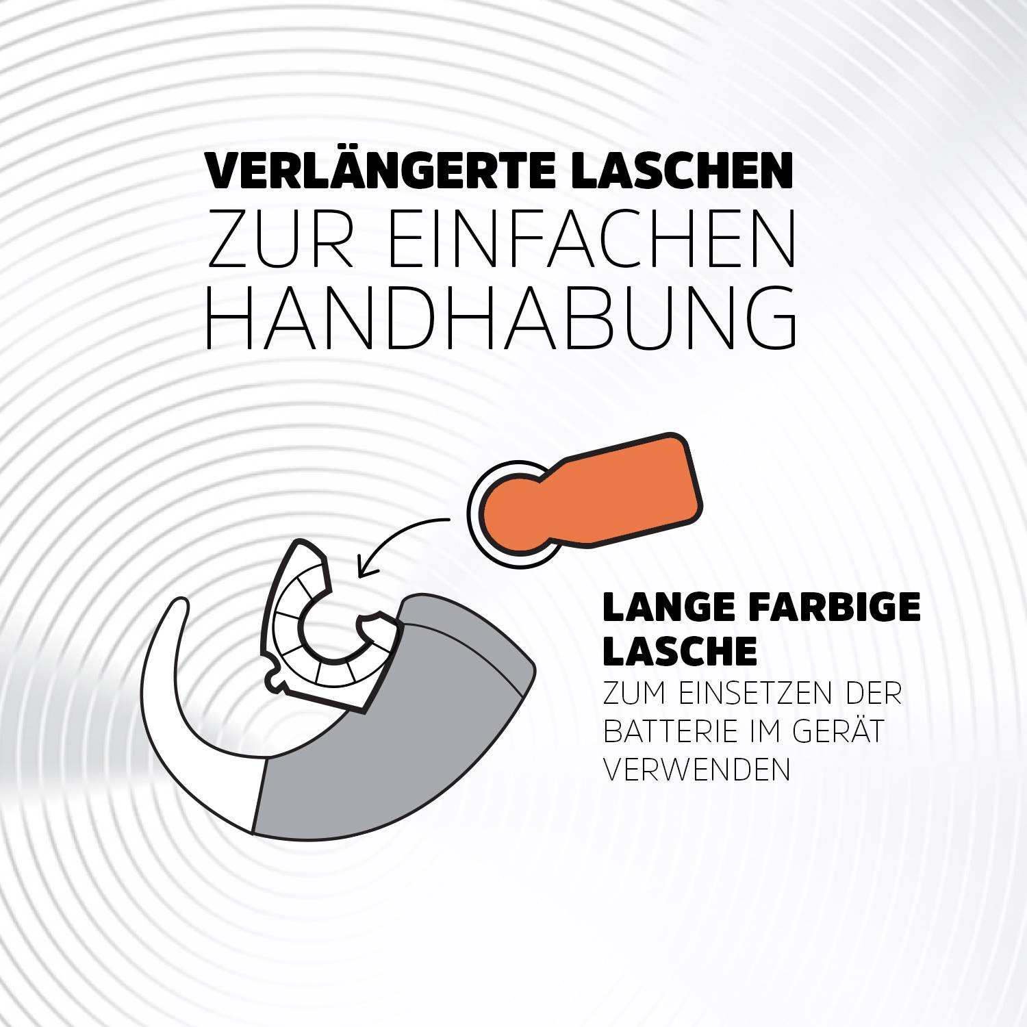 'Verlängerte Laschen zur einfachen Handhabung' mit Diagramm einer Batterie mit orangefarbener Lasche. Text weist auf einfache Nutzung hin.