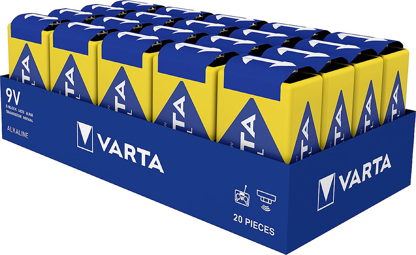Verpackung mit zwanzig VARTA 9V Alkaline-Batterien, geeignet für Rauchmelder und Kameras.