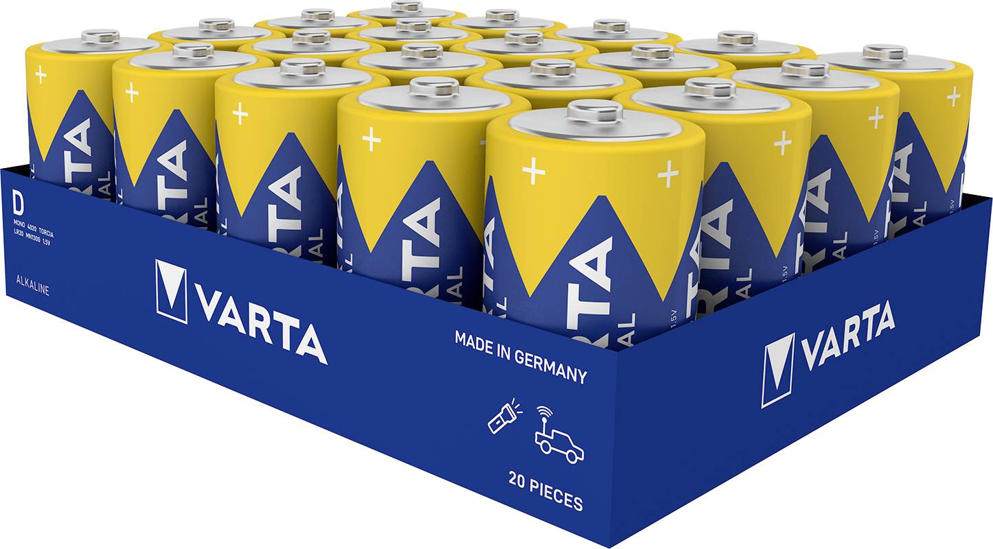 Karton mit 20 gelben VARTA Alkaline-D-Batterien, stilisiertem Energie- und Fahrzeug-Symbol. Hergestellt in Deutschland.
