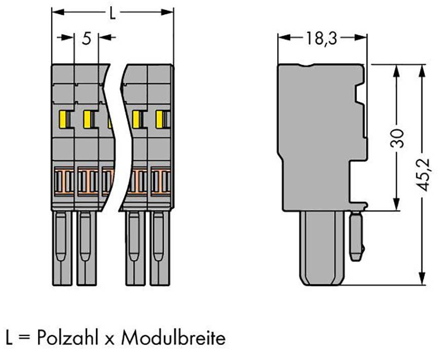 Technische Zeichnung zweier Steckverbinder: Links Ansicht mit Verzahnungen und Kontaktpins, rechts Seitenansicht mit Maßangaben.