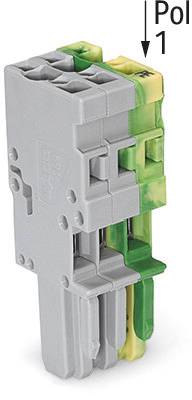 Ein grauer und grüner elektrischer Klemmenblock mit der Markierung 'Pol 1'.