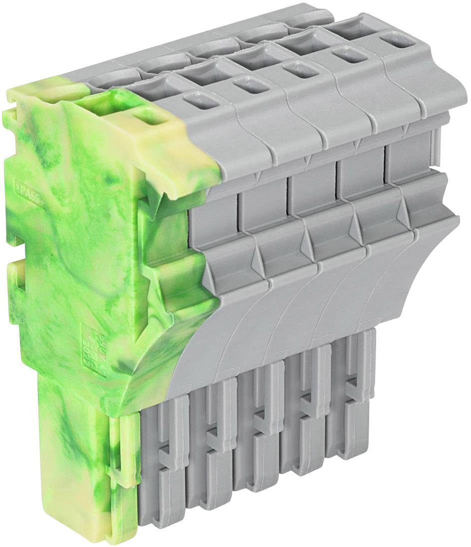 Ein grauer, rechteckiger Steckeradapter mit grünen und gelben Markierungen an einer Seite.
