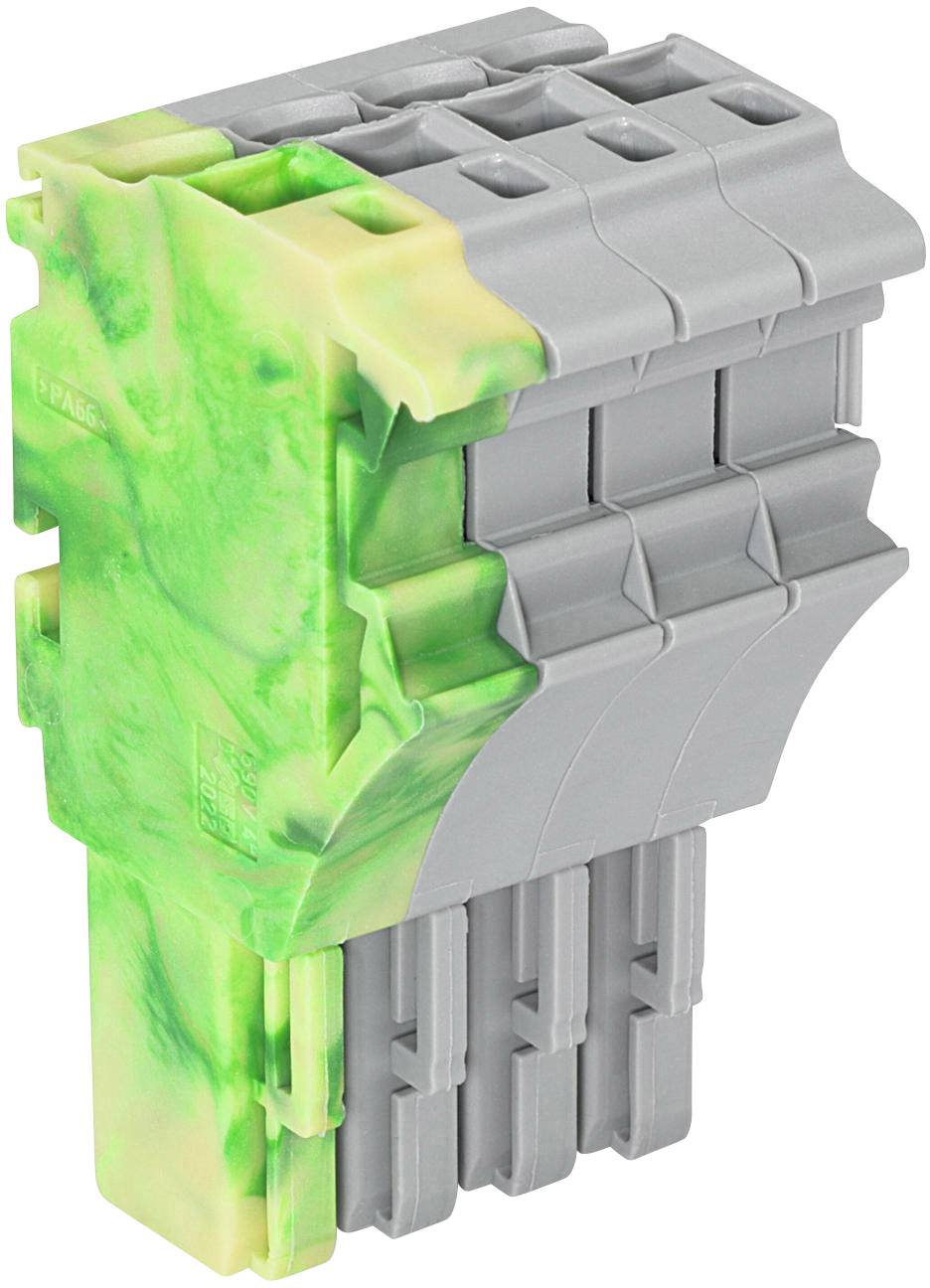 Ein grau-grünes, rechteckiges Kunststoffbauteil mit mehreren Steckplätzen, möglicherweise ein elektrischer Stecker oder Adapter.