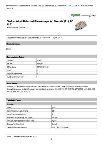 WAGO 788-304/003-000 Relaisbaustein Nennspannung: 24 V/DC Schaltstrom (max.): 16A 1 Wechsler 20St.