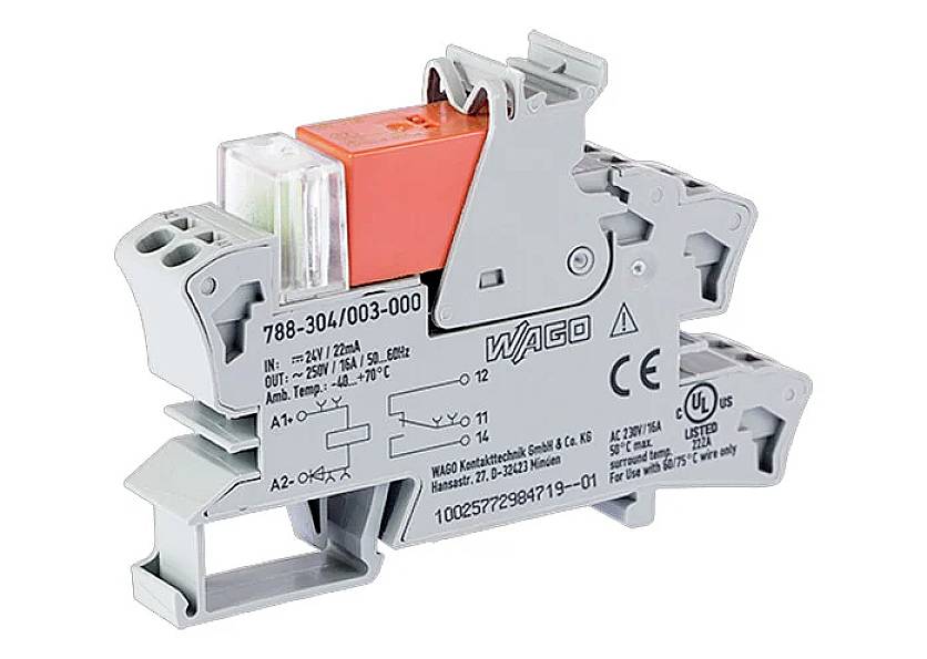 Produktbild eines grauen und roten WAGO-Reihenklemmenschalters mit technischen Spezifikationen aufgedruckt.