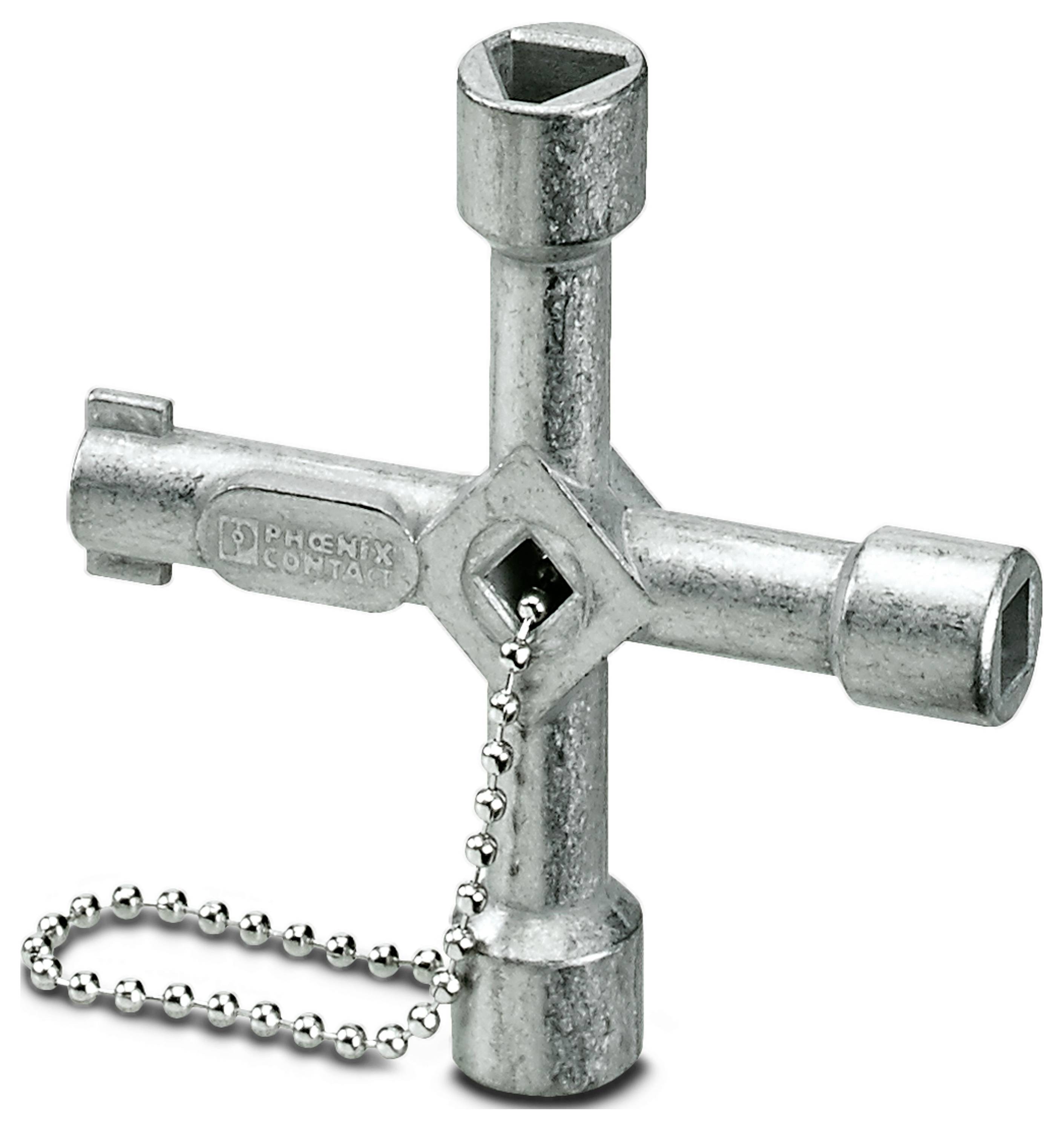 Ein silberner Vierkantschlüssel mit einer kurzen Metallkette. Der Schlüssel hat vier unterschiedliche Größen an den Enden.
