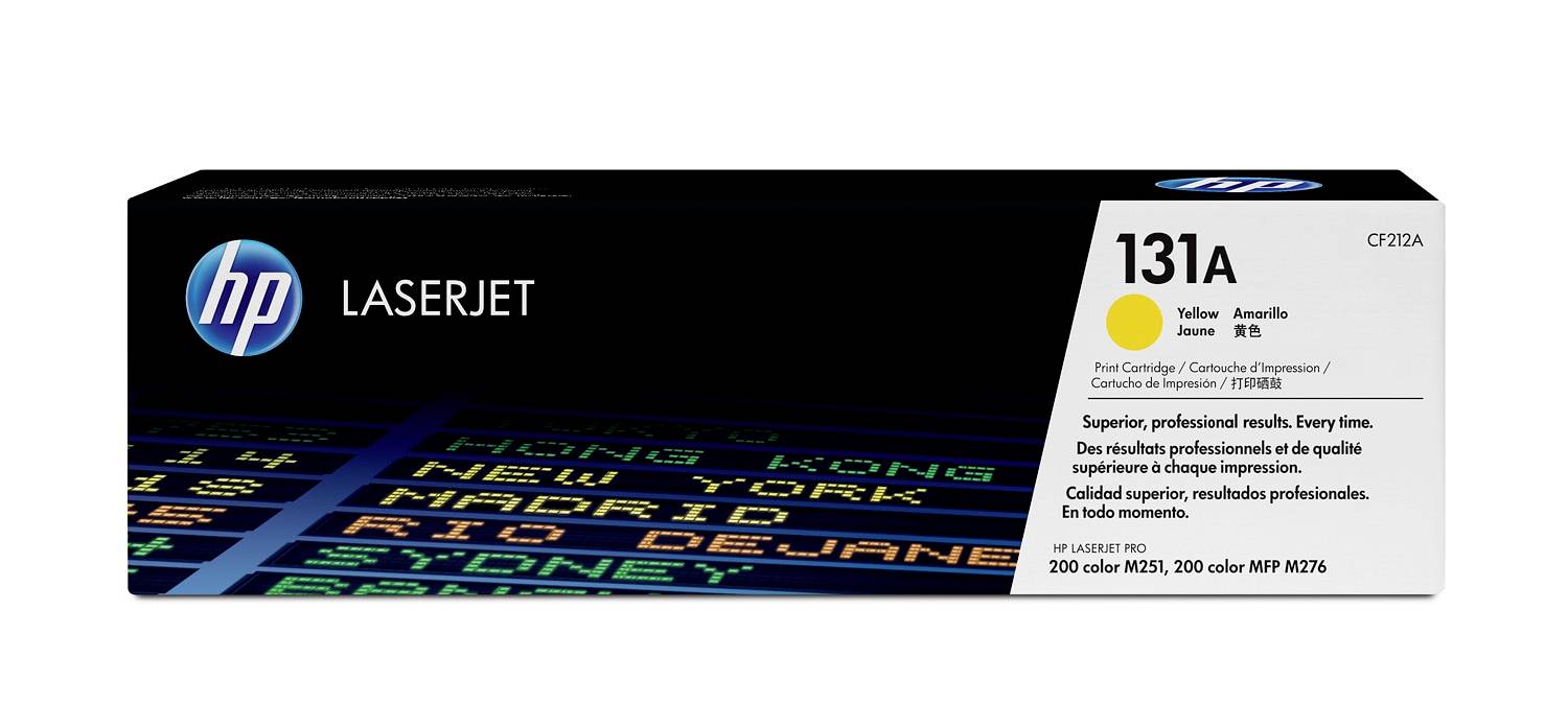 HP LaserJet 131A Tonerkartusche, Schachtel in Schwarz mit farbigem Bandvorschau und Etikett für gelbes Toner, Modell CF212A.