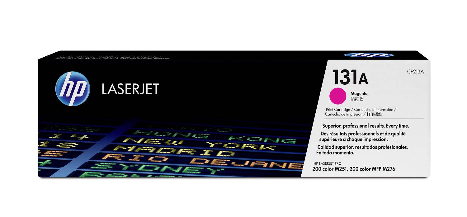 HP LaserJet Magenta-Tonerkartusche Schachteln mit der Bezeichnung 131A, mit magenta Punkt und Text zur Angabe der Kompatibilität mit Color LaserJet Druckern.