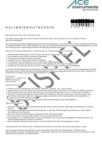 ACE 100082 Kalibrier-Gutschein