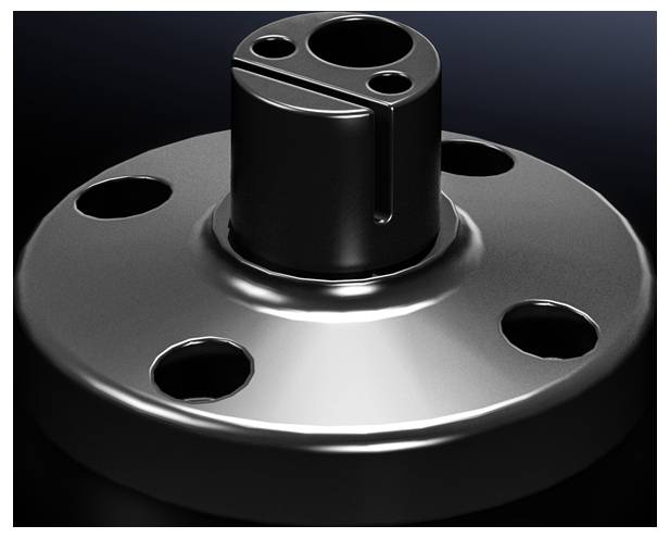 Metallische flache Scheibe mit einem zylindrischen Ansatz in der Mitte und vier Löchern, wahrscheinlich ein Bauteil oder Anschluss.