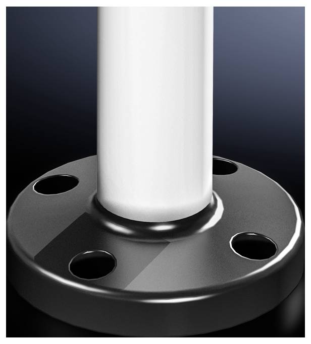 Ein weißes Rohr, das in eine schwarze, runde Metallbasis mit vier Löchern eingefügt ist.