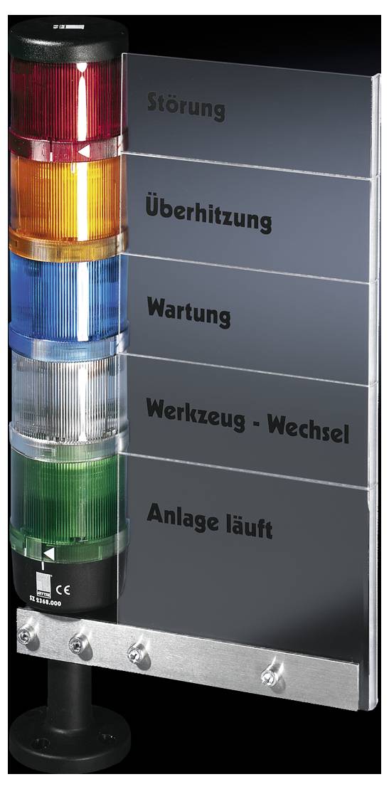 Ampelsystem zur Maschinenstatusanzeige mit fünf Farbleuchten: Rot ('Störung'), Orange ('Überhitzung'), Gelb ('Wartung'), Blau ('Werkzeugwechsel'), Grün ('Anlage läuft').