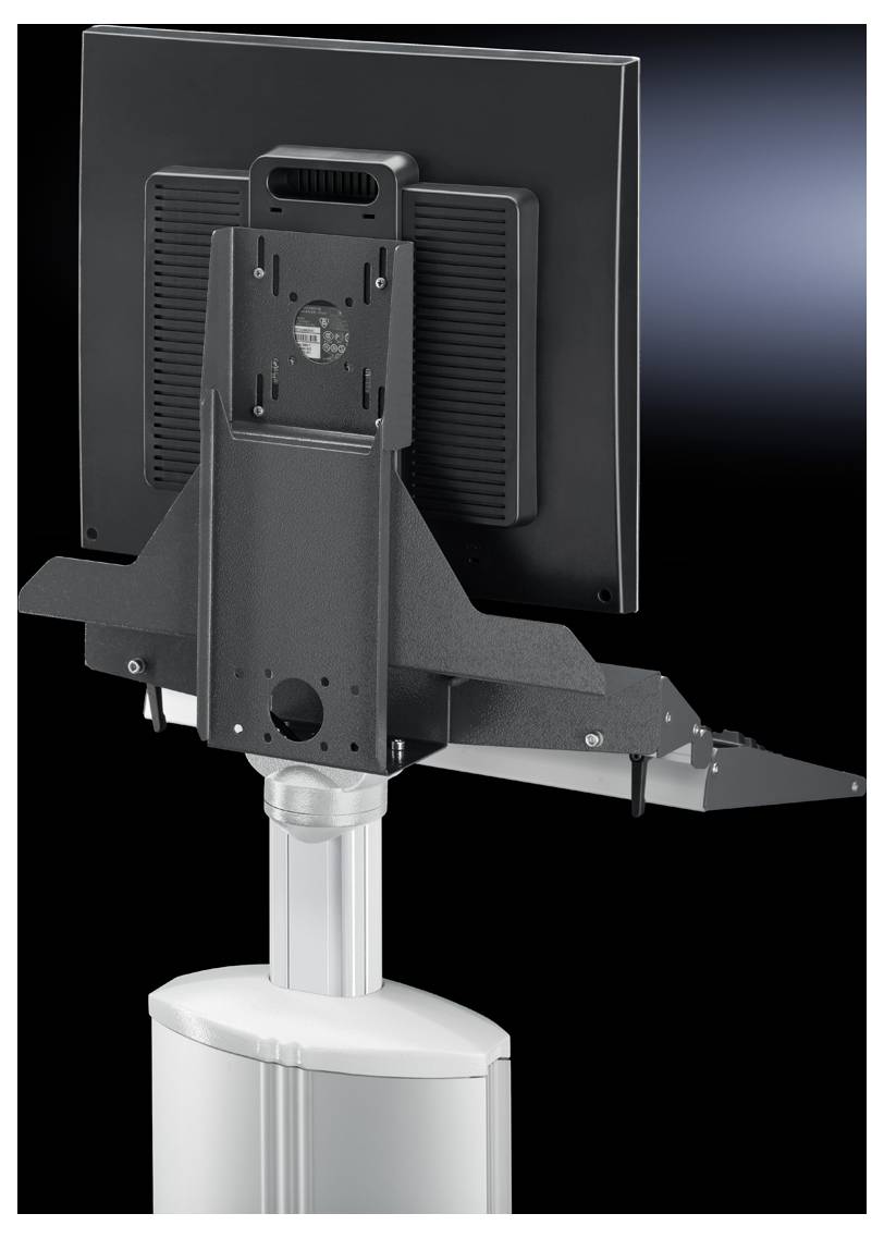 Ein Computerbildschirm ist auf einem höhenverstellbaren Ständer montiert, der eine ergonomische Anpassung ermöglicht.