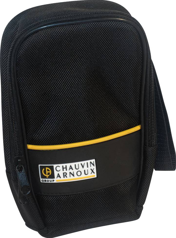 Schwarze Tasche mit Logo 'Chauvin Arnoux', dient vermutlich zur Aufbewahrung von Messgeräten oder Werkzeug, mit gelben Akzenten.