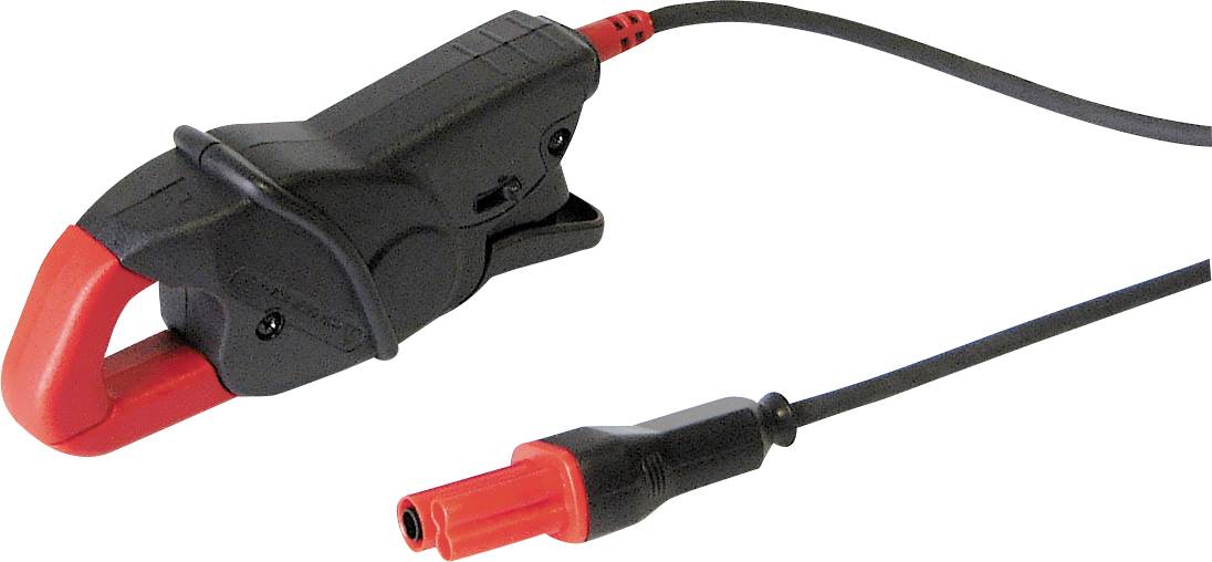 Ein schwarzer elektrischer Klemmsensor mit rotem Greifer und einem Anschlusskabel. Gerät zur Messung elektrischer Ströme.