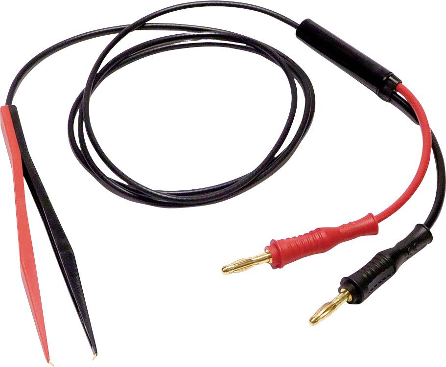 Ein Paar Prüfspitzen mit schwarzem und rotem Kabel, verwendet für elektrische Prüfungen und Elektronikreparaturen.