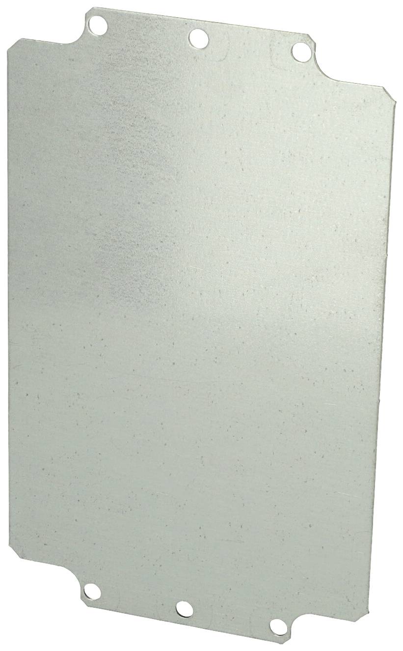Metallplatte mit rechteckiger Form, vier Löchern an den Ecken und zwei in der Mitte. Oberfläche ist glatt und silbern.