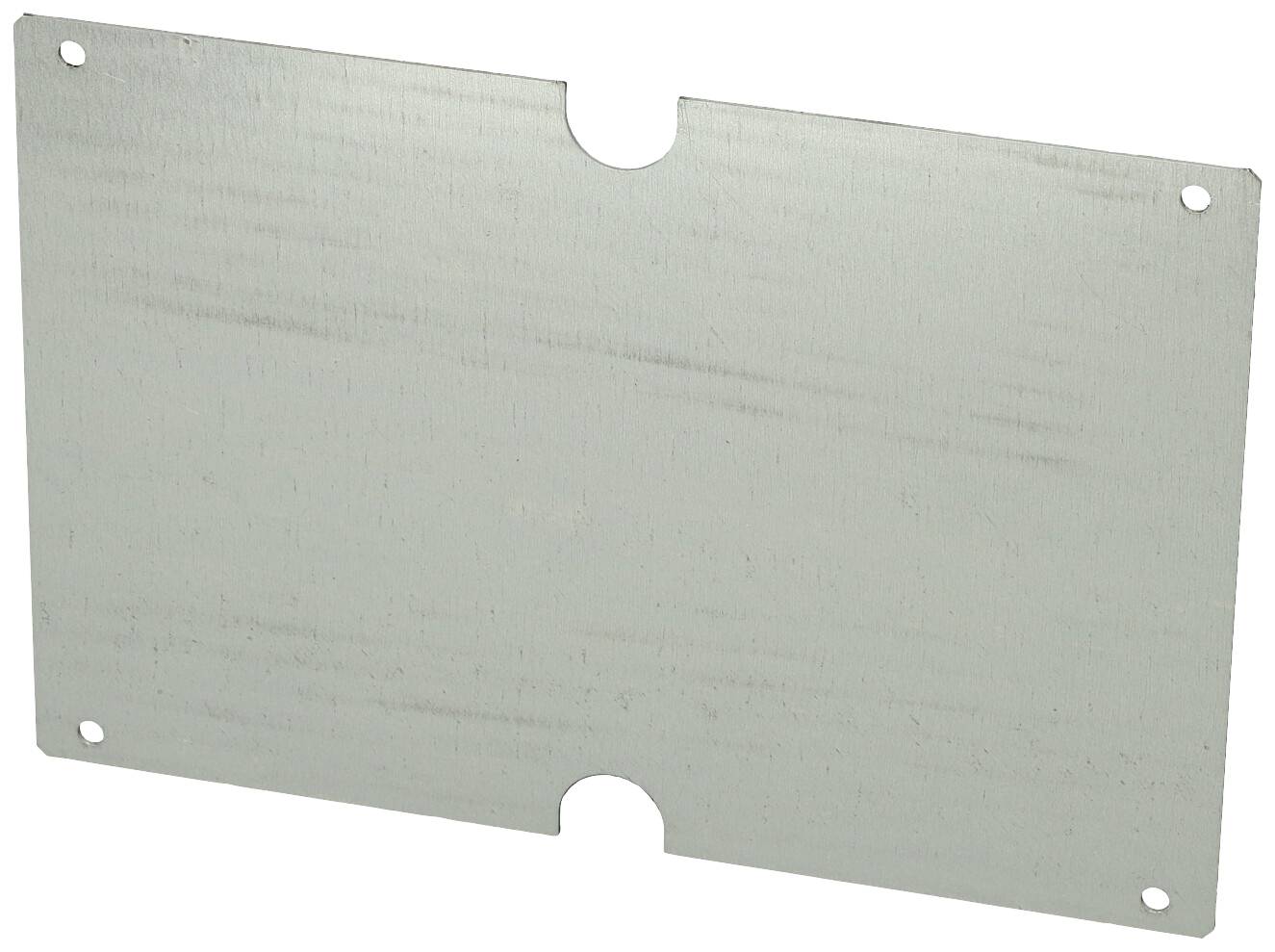 Eine rechteckige Metallplatte mit abgerundeten Ecken und kleinen Löchern an den Ecken.