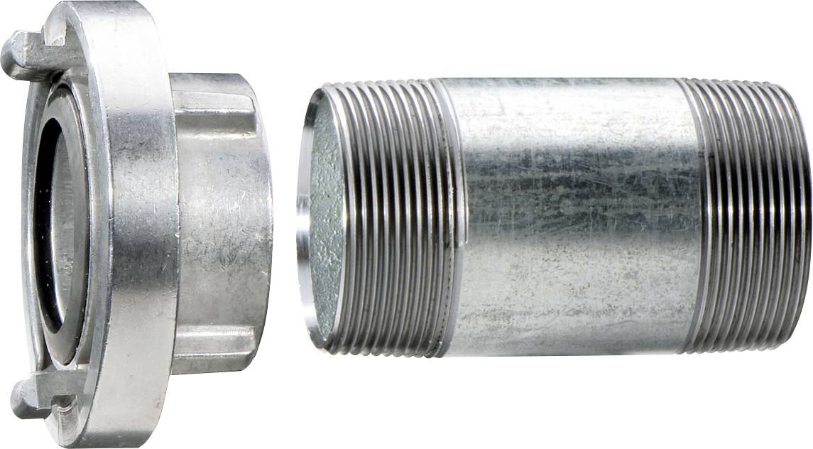 Metallschlauchkupplung mit einem Gewinde-Stecknippel neben einem entsprechenden Buchsenkuppler, dargestellt auf weißem Hintergrund.